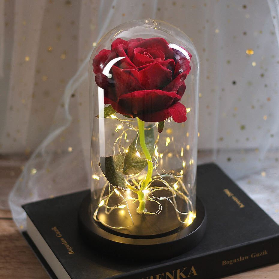 Muttertagsgeschenk, Hochzeitsgeschenk, Brautjungferngeschenk, Unsterbliche künstliche Rose, Glasabdeckung, leuchtender LED-Anhänger