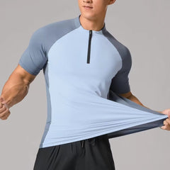Schnelltrocknende Sportbekleidung mit Stehkragen, halbem Reißverschluss und kurzen Ärmeln – ideal für Workout und Training