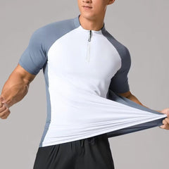 Schnelltrocknende Sportbekleidung mit Stehkragen, halbem Reißverschluss und kurzen Ärmeln – ideal für Workout und Training