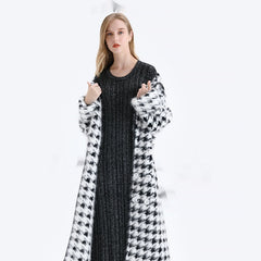 Dicker, langer, schwarz-weißer Nerzmantel für Damen, Cardigan-Mantel
