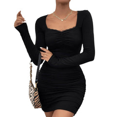 Long Sleeve Knitted Dress with Lace and Stitching