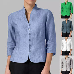 Slim Three-quarter Sleeve Button Jacket INS Fashion V-neck Stand Collar Outwear Tops Solid Color Clothing For Women