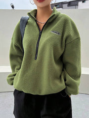 Patched Detail Drop Shoulder Half Zip Fleece Sweatshirt Long Sleeve Tops