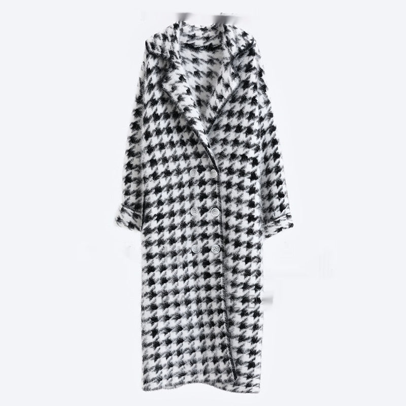 Dicker, langer, schwarz-weißer Nerzmantel für Damen, Cardigan-Mantel