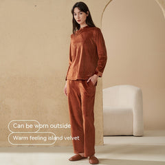 Coral Velvet Pajamas Women's Autumn And Winter Velvet Thickening Outfit Flannel Casual Plus Size Keep Warm Homewear