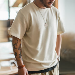 Waffle Round Neck Knitted Short Sleeve T-shirt Half Sleeve Bottoming Shirt