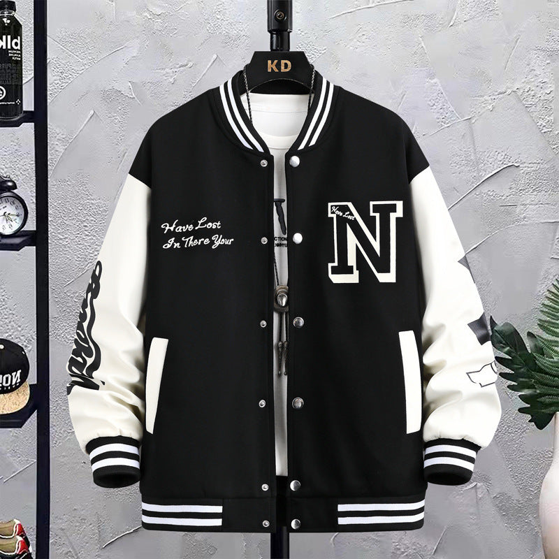 Jacke mit Buchstabenprint und Farbblock-Design, modischer, lockerer Baseballmantel mit Knopfleiste und Rundhalsausschnitt für Herren