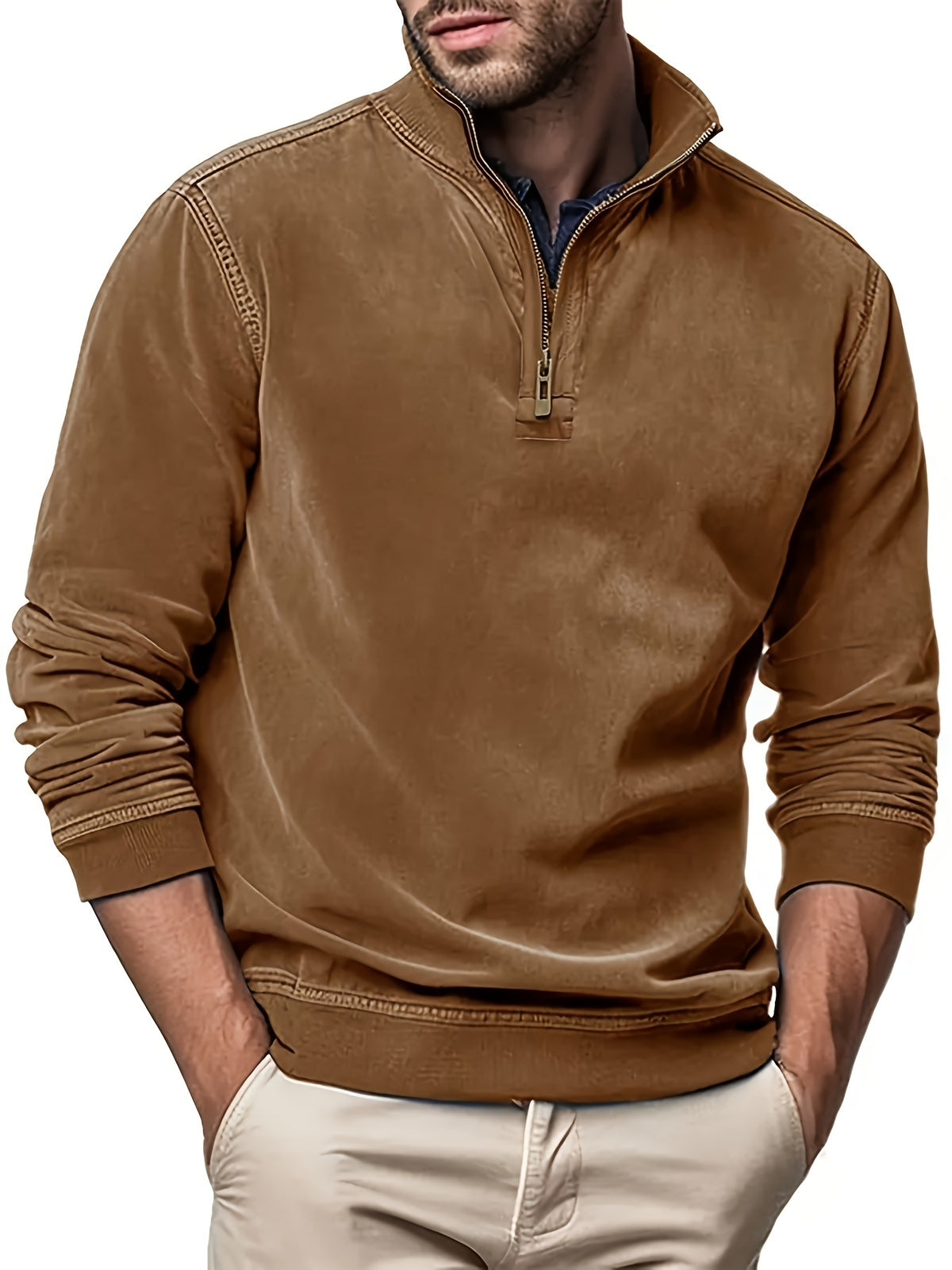 Herren-Sweatshirt aus Kunstleder, einfarbig, Stehkragen, Reißverschluss, lange Ärmel, lässige Pullover für Herbst und Winter 
